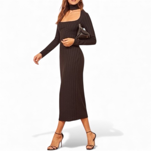 Reformation Black Ribbed Long Sleeve Dress